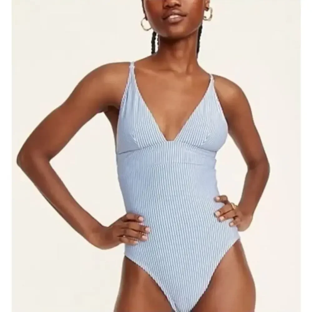 J. Crew Seersucker White Blue Striped Plunge‎ One-Piece Swimsuit Size 24 NWT